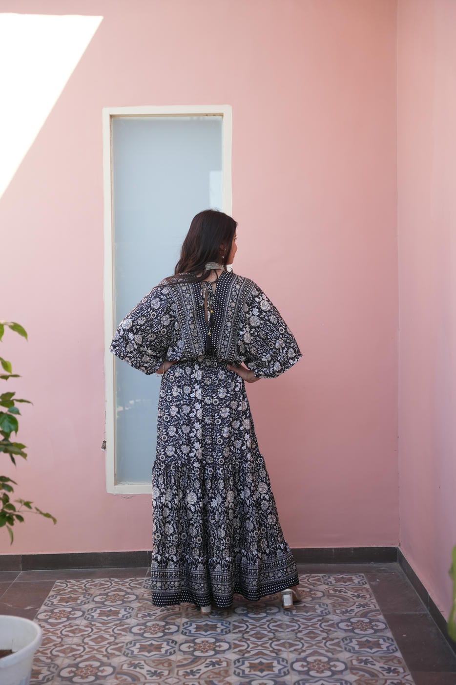 FAUNA BLACK & WHITE FLOWER GOLD LONG BOHO FRILL DRESS