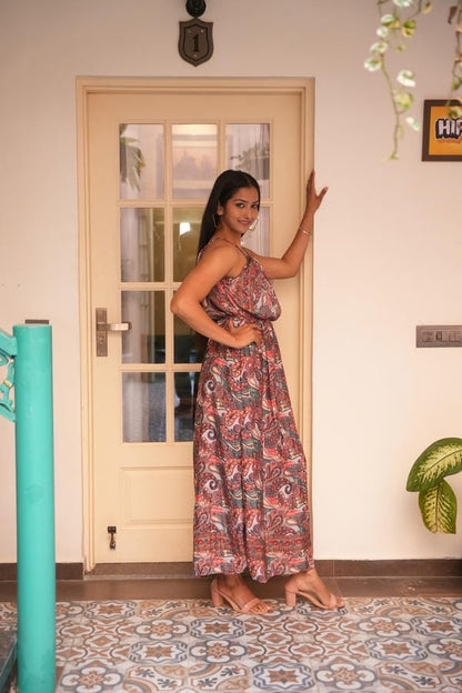 Sandra Boho Gry Pejali With Front Elastic Long Dress