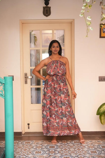 Sandra Boho Gry Pejali With Front Elastic Long Dress