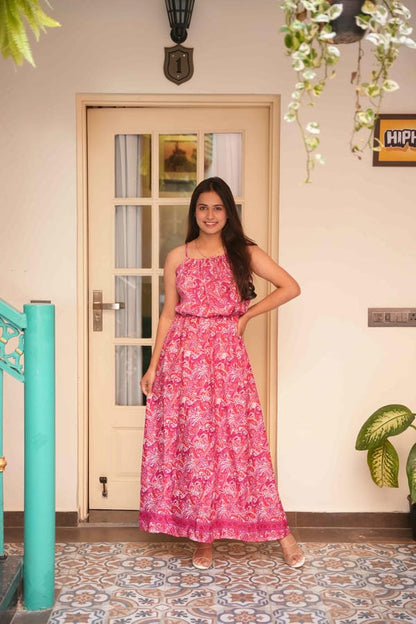 Elena Boho Pink Pejali With Front Elastic Long Dress