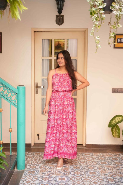 Elena Boho Pink Pejali With Front Elastic Long Dress