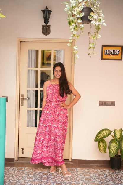 Elena Boho Pink Pejali With Front Elastic Long Dress