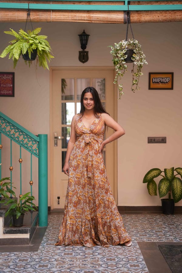 Haven Boho Yellow Gold Pejali With Front Belt Long Frill Dress