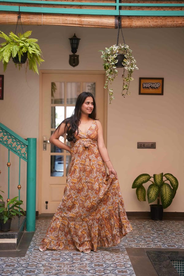 Haven Boho Yellow Gold Pejali With Front Belt Long Frill Dress