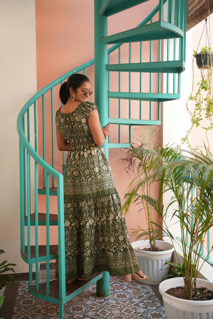 Olivia boho olive green flower gold elastic long frill dress