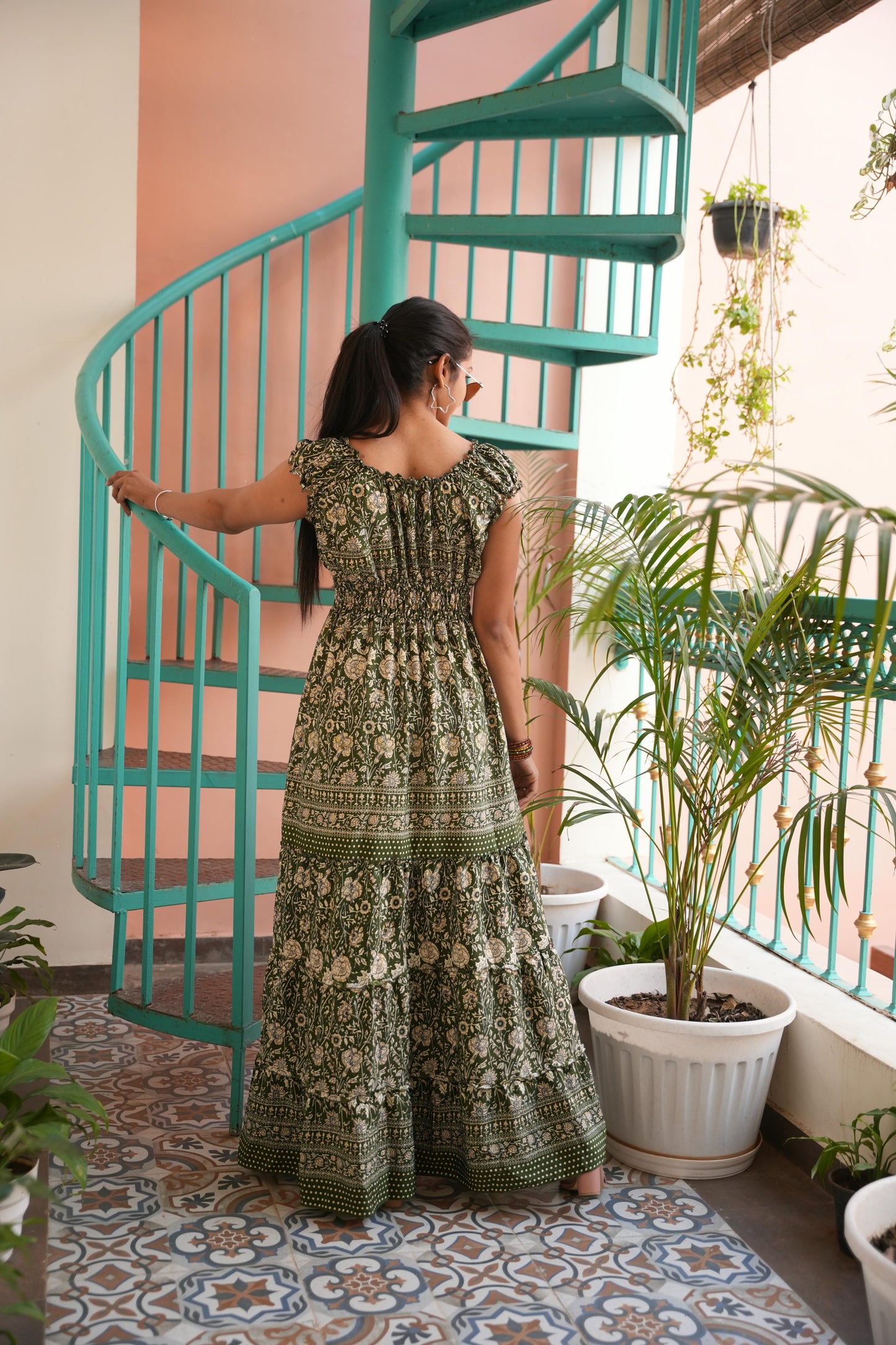 Olivia boho olive green flower gold elastic long frill dress