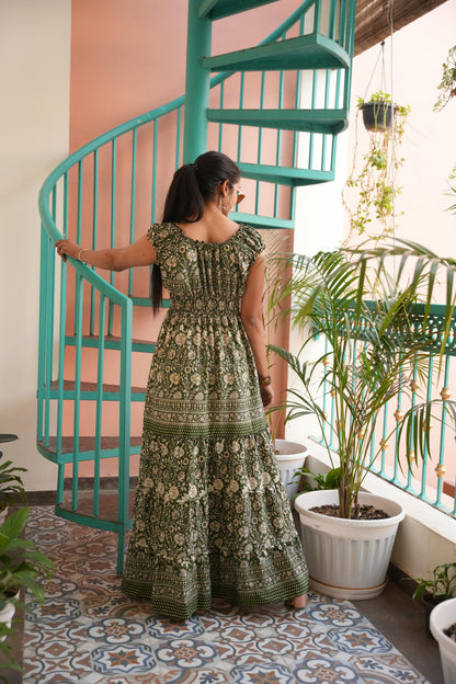 Olivia boho olive green flower gold elastic long frill dress