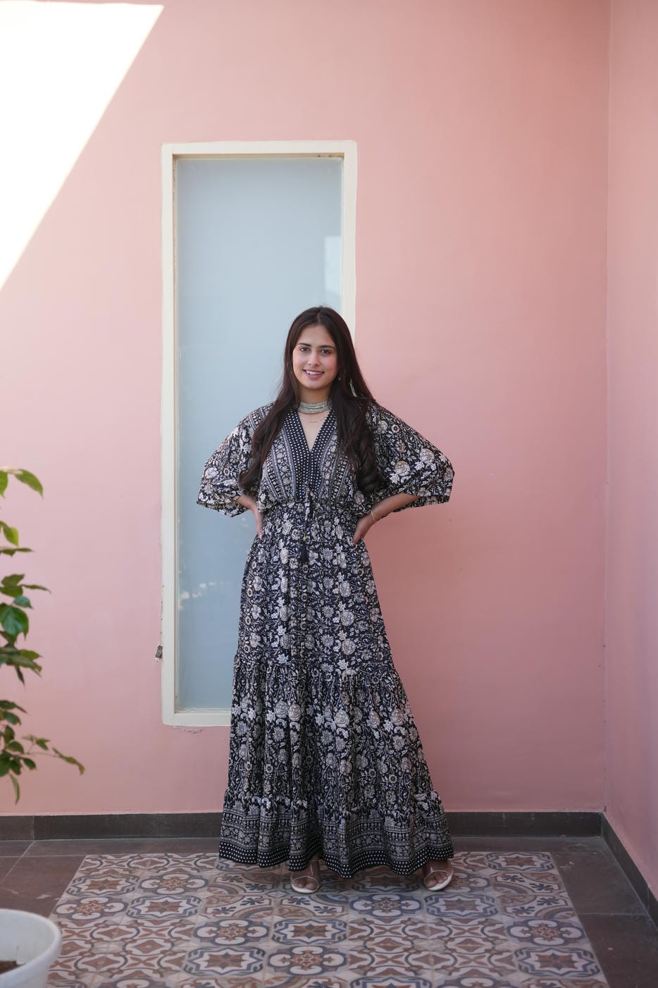 FAUNA BLACK & WHITE FLOWER GOLD LONG BOHO FRILL DRESS