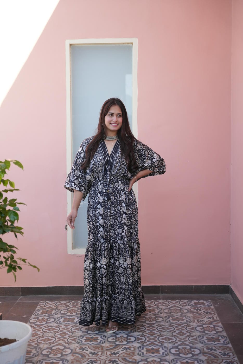 FAUNA BLACK & WHITE FLOWER GOLD LONG BOHO FRILL DRESS