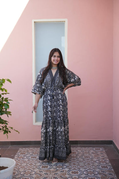 FAUNA BLACK & WHITE FLOWER GOLD LONG BOHO FRILL DRESS