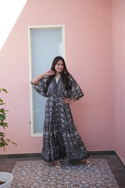 FAUNA BLACK & WHITE FLOWER GOLD LONG BOHO FRILL DRESS