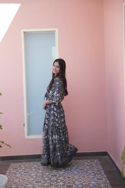 FAUNA BLACK & WHITE FLOWER GOLD LONG BOHO FRILL DRESS