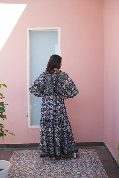 FAUNA BLACK & WHITE FLOWER GOLD LONG BOHO FRILL DRESS