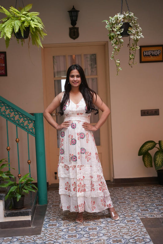 ISLA WHITE - ORANGE LUREX LONG FRILL BOHO DRESS